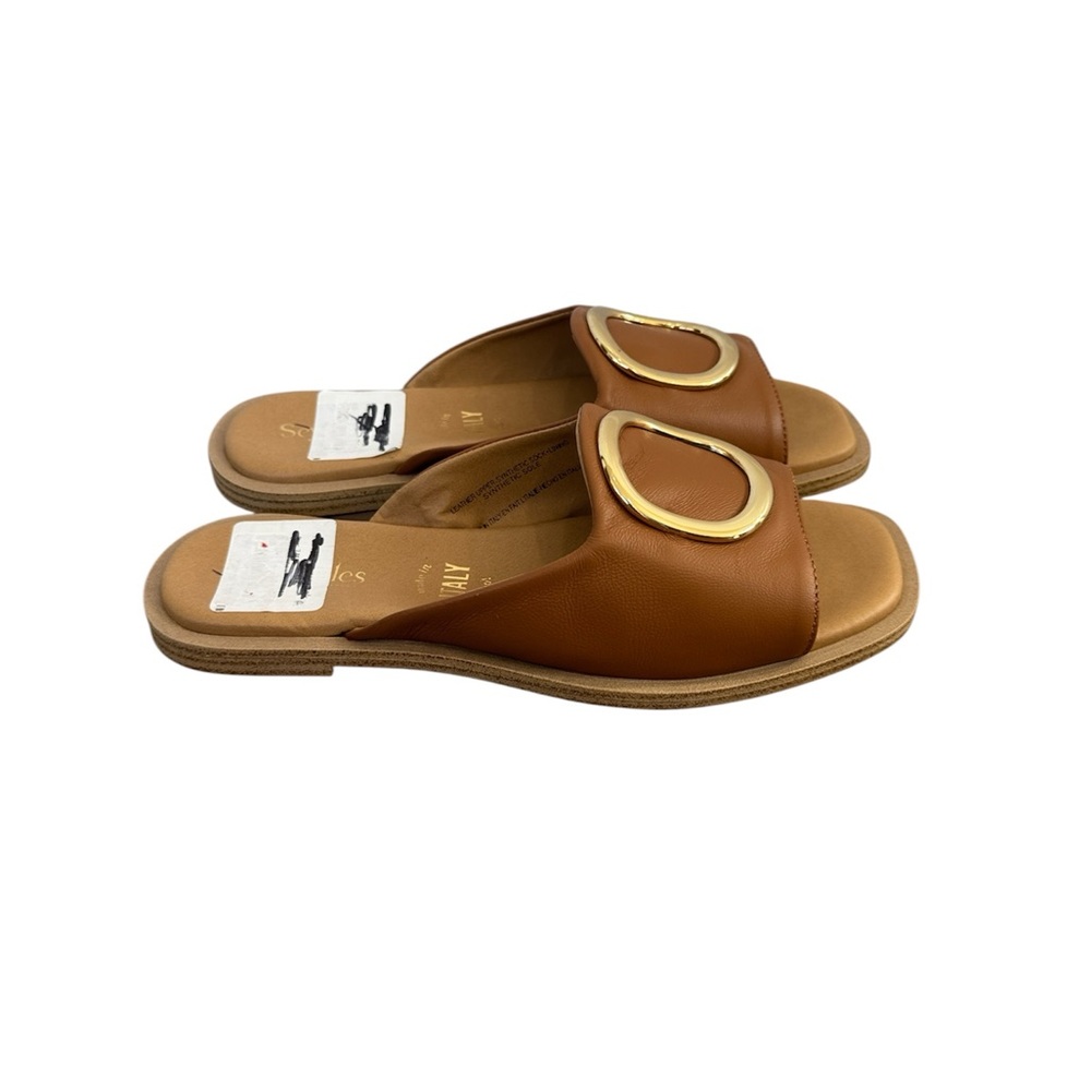 Seychelles Cognac Brown Leather Slide Sandals with Gold Accent